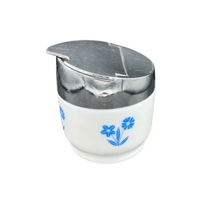 Pyrex Gemco Blue Cornflower Sugar Bowl White Glass Chrome Lidded Coffee Vintage - Picture 1 of 17