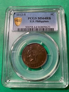 US PHILIPPINES ONE CENTAVO 1912-S PCGS MS 64 RB - Picture 1 of 4
