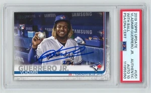 VLADIMIR GUERRERO JR Signed 2019 Topps Rookie Card SSP With Ball US1 PSA Auto 10 - Foto 1 di 2