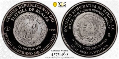 1999 Mo Mexico Numismatic Society Ag 1833 1/4R Chihuahua Silver Medal PCGS SP69 - Image 1 of 2