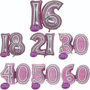 x1, 28" JOINTED NUMBER FOIL BALLOON, MILESTONE AGED BIRTHDAY, PINK HOLOGRAPHIC - Picture 1 of 8