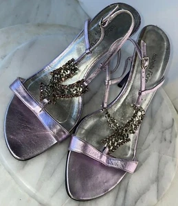 Isabella Fiore Lilac Crystal Chain Metallic Purple Leather Strappy Heels Size 9 - Picture 1 of 12