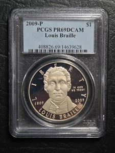 2009 P Louis Braille Commemorative Silver Dollar, PCGS Graded PR69 DCAM - Picture 1 of 2