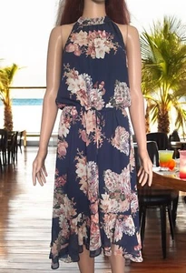 PORTMANS Navy Floral High Neck Drawstring Waist Asymmetrical Ruffle Hem Dress-10 - Picture 1 of 10