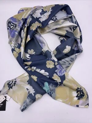 $69  Echo 35" square scarf tan flowers  blue  background  K300 - Image 1 of 4