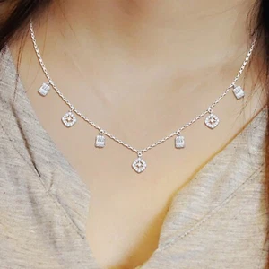0.60 CT Round Cut Natural I2 H Diamond Cushion Station Necklace 14K White Gold - Picture 1 of 6