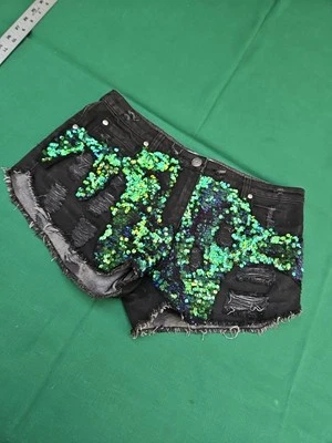 Bless'ed Are The Meek SEQUINED DISTRESSED Shorts Cut-Off Destroyed Sz 2 - Image 1 of 4