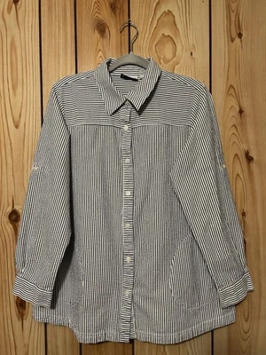 Camisa Joan Rivers Mujer Abotonada L Azul Marino Blanco Rayas Seersucker Bolsillos Algodón Foto 1 de 4