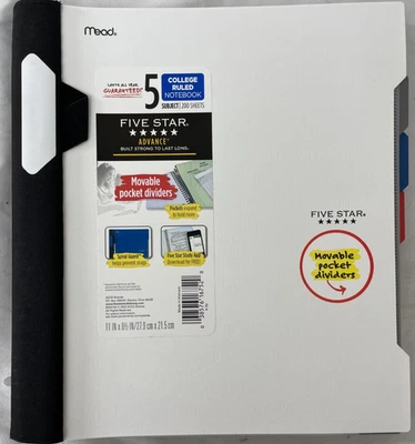 Cuaderno Five Star Advance Wirebound 5 sujetos con reglas universitarias blanco 11 pulgadas x 8,5 Foto 1 de 4