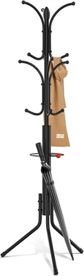 Freestanding Metal Coat Rack with 12 Hooks and Umbrella Holder, Black - Image 1 of 4