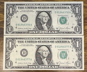 (2) 1981-A $1 Dollar Bills CU Consecutive Serial D01946376A & D01946377A - Picture 1 of 2