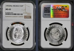 1955 MEXICO SILVER 5 PESOS S5P HIDALGO NGC MS 65 SCARCE BRIGHT GEM LUSTER - Picture 1 of 1