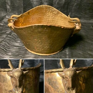 Vtg Brass Hand Hammered Planter Pot Jardiniere Bowl Ram Goat Head Horns Handles - Picture 1 of 12