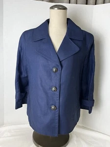 Giacca a dondolo TALBOTS taglia 10 blu navy misto cotone lino scatola pieghe manica 3/4 - Foto 1 di 12