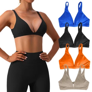 Womens Sports Bra Breathable Deep V-neck Underwear Yoga Gym Bra Crop Tank Top - Picture 1 of 37