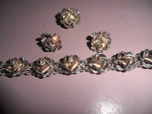 Vintage 925 Taxco Mexico Sterling Silver Roses Bracelet, Ring And Earring Set - Picture 1 of 10