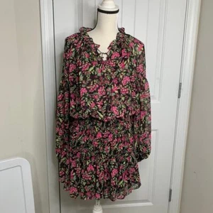 MISA Los Angeles Minikleid Blumen Langarm Rüschen Rosa Boho Sommer Gr. M - Bild 1 von 6