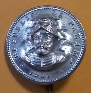 1907 PANAMA MEDIO CENTESIMO with 3D BALBOA Pop Push Out Repousse Coin stick pin - Picture 1 of 8