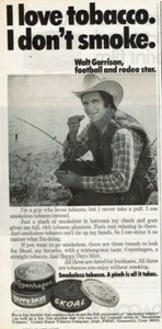 Anuncio impreso vintage 1977 I love tobacco I don't smo Walt Garrison fútbol rodeo - Imagen 1 de 2