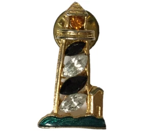 Lighthouse Shaped Tack Lapel Pin Rhinestones Green Enamel 1.25” - Picture 1 of 5