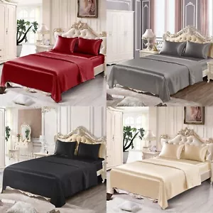 3/4 Pcs Satin Silk Sheet Set Deep Pocket Fitted Bed Sheet Flat Sheet Pillowcase - Picture 1 of 56