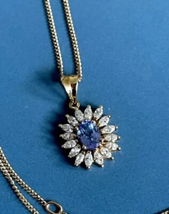 Tansanit Diamant Collier 18kt Gelbgold in AAA Quadrat Halo Marquise Anhänger - Bild 1 von 7