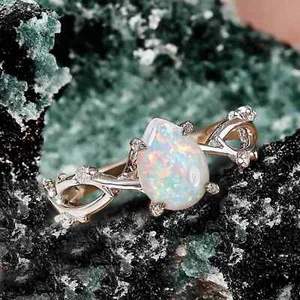 925 Sterling Silver 18k Gold Plated Natural Fire Opal Pear Cut Engagement Ring - Picture 1 of 4