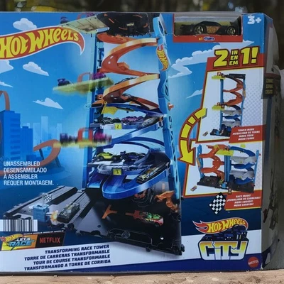 Hot Wheels City Transforming Race Tower 2 In 1 Raceway Track Set 1 Car New & Box - Image 1 of 4
