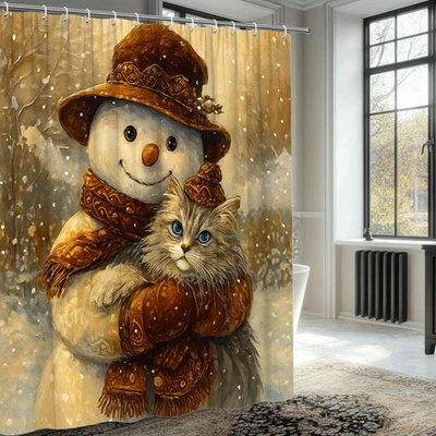 Linda cortina de ducha de muñeco de nieve y gato de Navidad Foto 1 de 4