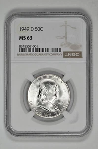 1949 D 50C Silver Franklin Half Dollar NGC MS 63 White with New Holder - Picture 1 of 2