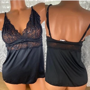 Vintage Y2K Babydoll Coquette Victoria's Secret nero raso cami slip top nero pizzo - Foto 1 di 3