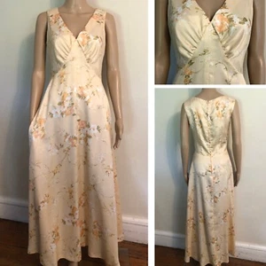 vtg 70s Liquid Satin Maxi Dress Sz 12 Lightweight Empire Waist Peach Floral EUC - Picture 1 of 13