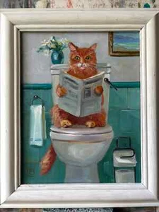 Original Oil Painting   animal Cat & toilet    25x20cm    UNFRAMED - Picture 1 of 7