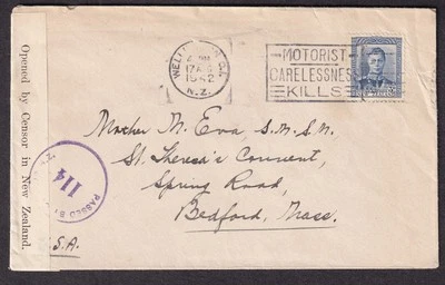 Nueva Zelanda 1942 Segunda Guerra Mundial cubierta de censor Wellington al Convento de Santa Teresa Bedford MA Foto 1 de 2