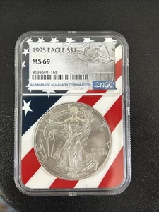 1995 $1 AMERICAN SILVER EAGLE NGC MS69- FLAG LABEL - Picture 1 of 2