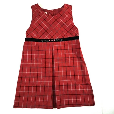 OshKosh Dress Girls 5 Red Plaid Sleeveless Velvet Floral Trim Holiday Party - Image 1 of 4