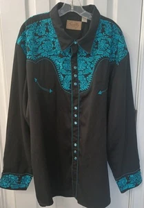 Scully Western Wear P634 Black Turquoise Embroidered Pearl Snap Shirt Mens Sz 4X - Picture 1 of 13