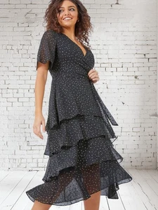 Roman Petite schwarz & gold gepunktet Stufen Rüschen Kleid Größe 10 glitzernd  - Bild 1 von 8