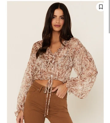 Пышная прозрачная блузка с длинным рукавом большой коттедж кокетка ржавчина цветочный урожай - Изображение 1 из 4