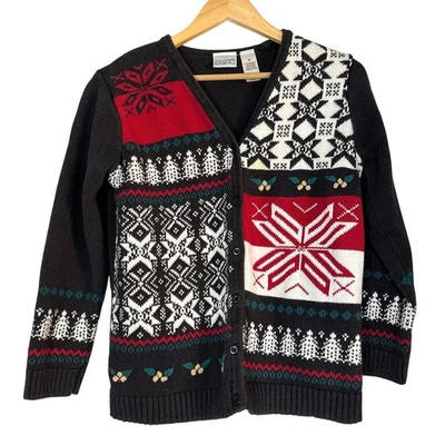 Cárdigan Suéter Vintage Negro Ramie Algodón Retazos Navidad Vacaciones Mediano Foto 1 de 4