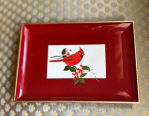 Vassoio vintage Otagiri laccato bigiotteria uccellino cardinale rosso Giappone 7,5 x 5,25 MCM - Foto 1 di 5