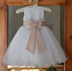 Satin White Tulle Flower Girl Dress Wedding Pageant Communion Reception Baptism  - Picture 1 of 61