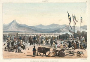 Antique Print "Una carrera en las lomas de Santiago" (Chile) Claudio Gay, 1854 - Picture 1 of 3