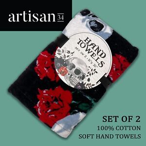ZESTAW 2 nowych ARTISAN 34 welurowe miękkie ręczniki do rąk czarne szare czaszki czerwone róże