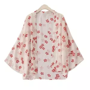 Women Chiffon Japanese Kimono Coat Jacket Sakura Floral Cardigan Top Cute - Picture 1 of 6