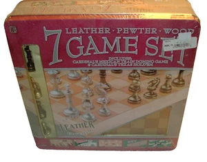 NEW 7 GAME SET, LIMITED LEATHER EDITION, LEATHER PEWTER WOOD, CHESS CHECKERS ETC - Picture 1 of 7