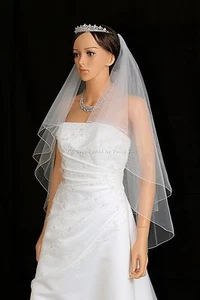 2T White Fingertip Length Pencil Edge Center Gathered Bridal Wedding Veil - Picture 1 of 5