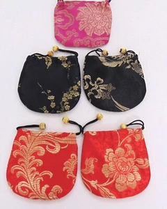 New 1970's Chinese Silk  Brocade Embroidered Jewelry Drawstring Pouch 5 Items#39 - Picture 1 of 8