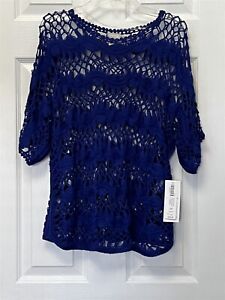 NWT Chico's Petite Size 2P PL 12P-14P Open Crochet Blue Grotto Pullover Sweater