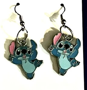 Disney Stitch French Wire Earrings Enamel on Silver Tone Metal Lilo & Stitch - Picture 1 of 3